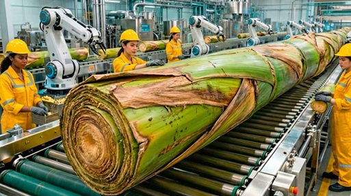 收获后剩余的数吨香蕉树干被转化为服装和纸张的原材料，而机械提取和控制干燥则加速了工业化进程