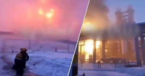 乌克兰无人机袭击俄罗斯炼油厂引发熊熊大火